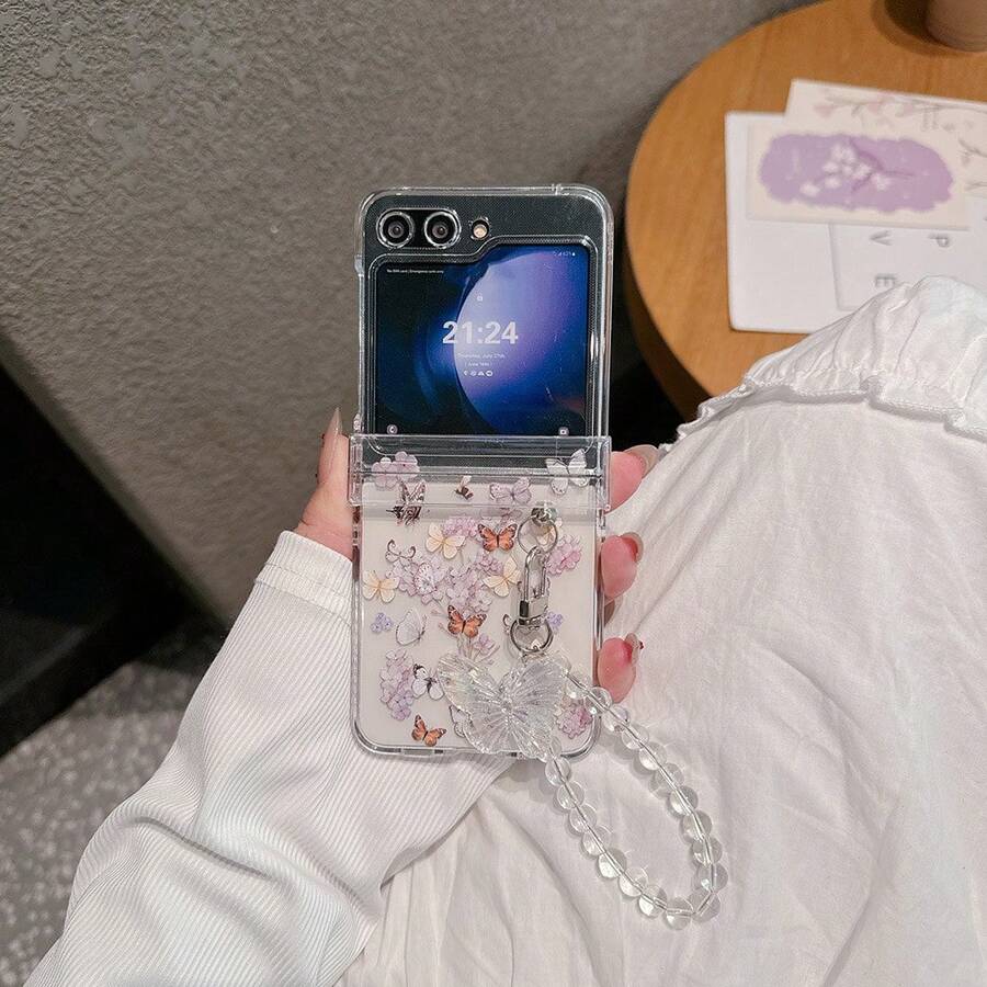Cute Butterfly Folding Phone Case With Chain Compatible With Samsung Galaxy Z Flip3 5G/Galaxy Z Flip 4 5G/Galaxy Z Flip 5 5G/Galaxy Z Flip 6 5G/Galaxy Z Flip 7 5G - Multicolor - View 1