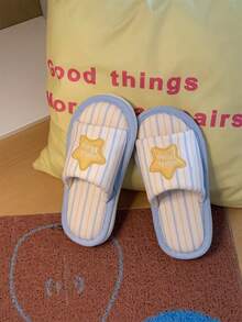 XIXITIAO 1 Pair Cute Star & Striped Pattern Slippers, Comfortable Soft Bottom Flat Slides, Lightweight Casual Indoor Slippers For Home, AC Room, Floor - Blue - View 2