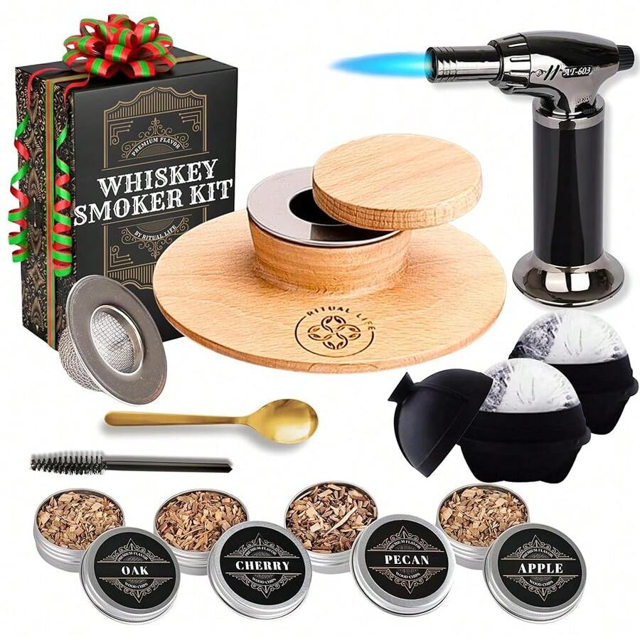 Cocktail R Kit - Whiskey Bourbon Drink R With Torch, Custom Top, 2 Ice Ball Makers, 4 Flavors Wood Chips - Rs For Whiskey Drinks - Cocktail Drink SmoFKing Kit - Unique Gifts For Him - 不含眼鏡的吸煙套裝 - 查看 1