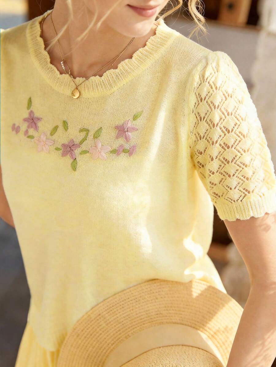 Knit Mix 优雅女士时尚刺绣针织法式通勤短袖镂空修身春夏上衣，休闲复古返校春夏款，适合圣诞节、感恩节和新年等场合。 - 黃色 - 查看 1