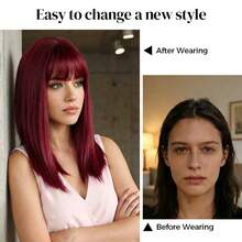 17.71 Inch (45CM) Wine Red Shoulder-Length Medium Straight Wig With Bangs For Women, Multi-Layered Synthetic Hair Wig With Face-Framing Curtain Bangs, Heat Resistant Adjustable Cap, Natural Hair Parting, Easy To Style For Daily Wear, Party & Cosplay - 酒紅色 - 查看 6
