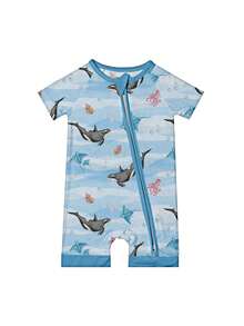 Baby Bamboo Fiber Zip-Up, Dolphin Octopus Underwater World Blue Print Short Sleeve Romper, Summer Knit Fabric Skinny Fit With Zipper Detail,  Baby Girl Clothes, Perfect For Outdoor - 淺藍色 - 查看 1