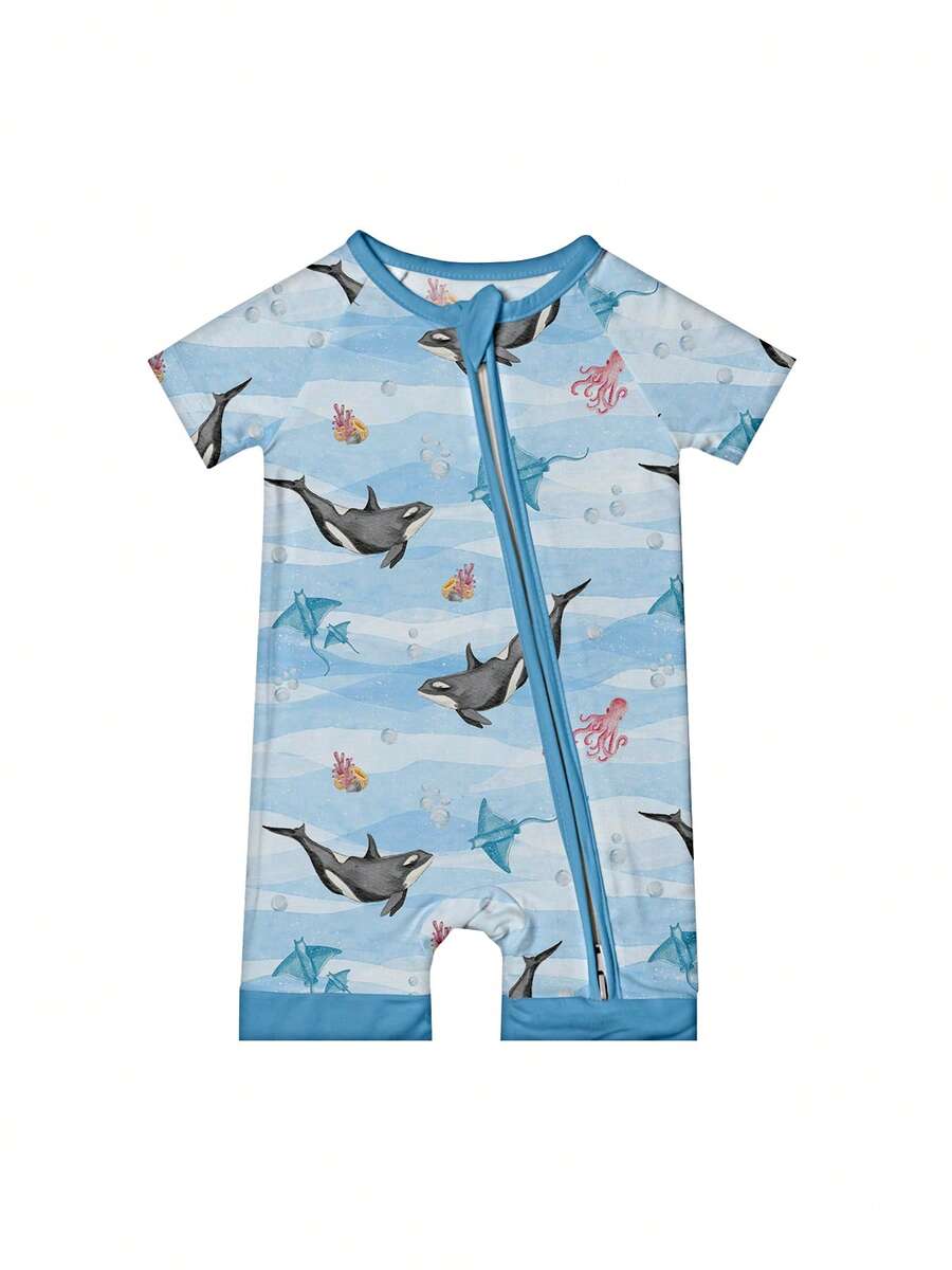 Baby Bamboo Fiber Zip-Up, Dolphin Octopus Underwater World Blue Print Short Sleeve Romper, Summer Knit Fabric Skinny Fit With Zipper Detail,  Baby Girl Clothes, Perfect For Outdoor - 淺藍色 - 查看 1