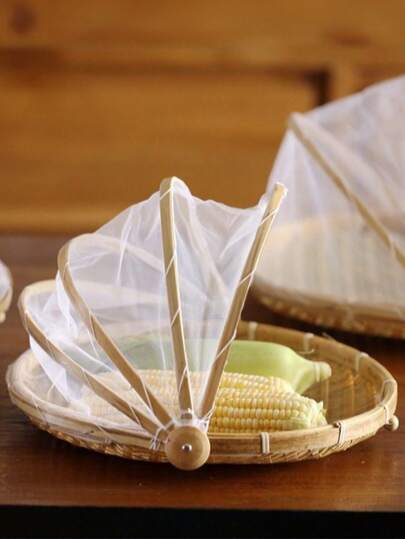 1pc Handmade Bamboo Food Basket - With Mesh Cover, Handwoven, Foldable, Insect & Dust Proof, For Fruit/Vegetable/Bread Storage, Ideal For Kitchen, Outdoor Dining, Perfect For Kitchen, Picnic, BBQ, Gathering And Outdoor Activities, Essential For Outdoor Picnic