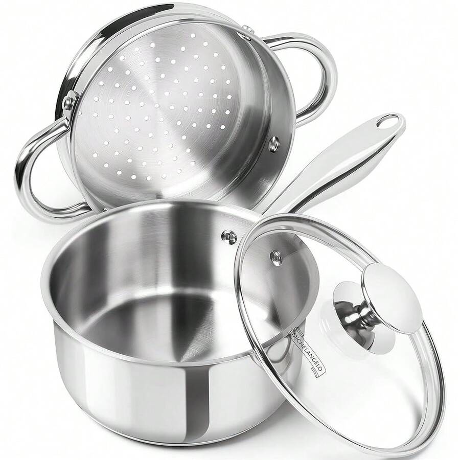 MICHELANGELO 1.5 Quart Saucepan With Steamer, Stainless Steel Saucepan With Lid, Triply Bottom Induction Compatible, Multipurpose Sauce Pot, Dishwasher - 1.5誇脫帶蒸籠 - 查看 1