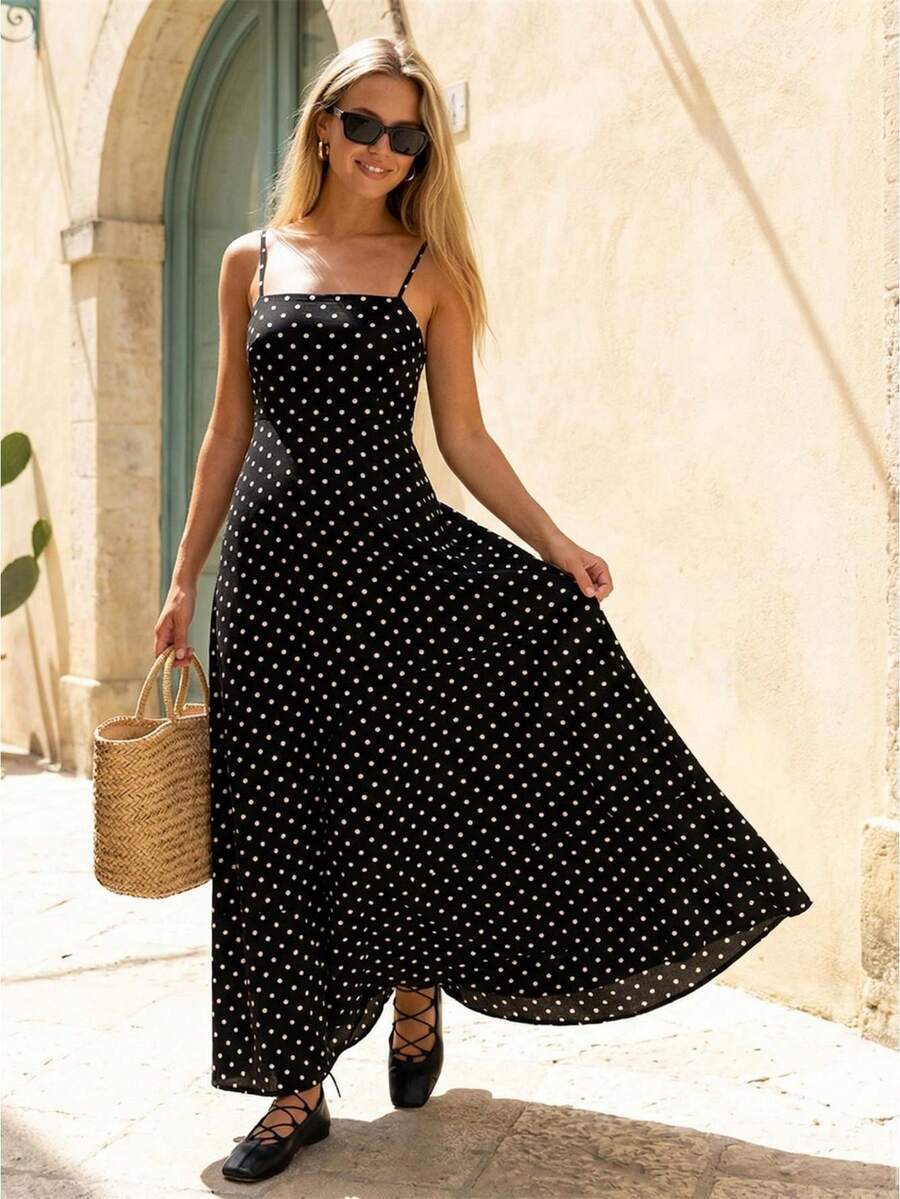 Vestido lencero de verano para mujer, sin mangas, con estampado de lunares, tirantes finos, espalda descubierta, largo, corte A, con bolsillos - Negro - Ver 1