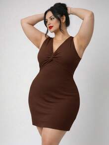 Elegant Plus Size Dress With V-Neck And Sleeveless - Rust Brown - View 4