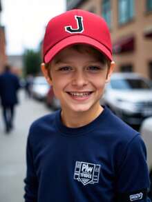 1pc Unisex Simple Letter A-Z Adjustable Baseball Cap, Outdoor Casual Sun Hat, Kids Size - Red - View 4