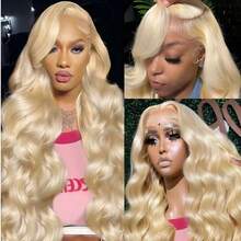 200% 高密度 13x6 13x4 5x5 高清透明蕾丝前假发，原生人发混纺，自然波浪卷，8-34 英寸 - 预先拔毛，无胶假发，带婴儿发，女士款，613，无需胶水，即戴即用 - 613 - 查看 3