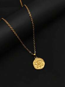 1pc 18K Gold Plated Stainless Steel Bohemian Style Round Oval Evil Eye Pendant Necklace, Punk Dark Hip Hop Minimalist Jewelry - Yellow Gold - View 3