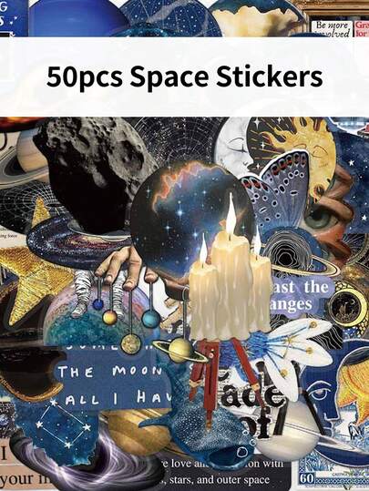 50张宇宙蓝卡通风格PET材质透明贴纸，适用于水瓶、笔记本和电脑，个性化装饰贴纸，也可用于手写日记。