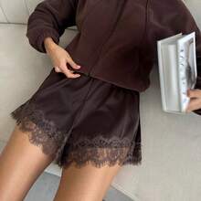 Boho Women's Lace Trim Satin Silk Shorts Shiny Elastic Waist Mini Shorts Pettipants Half Slip Shorts French Knickers Boyshorts For Dresses Full Coverage Underwear Lounge Pants - 巧克力棕 - 查看 8