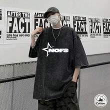 男士做旧黑色运动T恤，雪花水洗字母印花设计，适合春夏穿着 - 黑色 - 查看 13