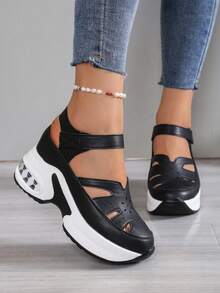 1 Pair Women's New Thick Sole Hollow Breathable Hook & Loop White Roman Sandals, Fashionable, Lightweight, Non-Slip; Black Casual Sports Sandals - Black - View 1