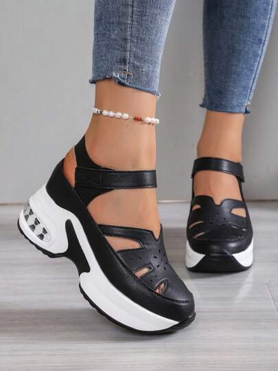 1 Pair Women's New Thick Sole Hollow Breathable Hook & Loop White Roman Sandals, Fashionable, Lightweight, Non-Slip; Black Casual Sports Sandals