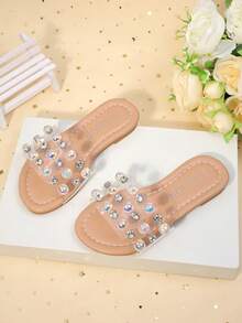 1 Paar Mädchen Transparente Sandalen mit bunten Strass Verzierungen, flach rutschfest geeignet für tägliches Tragen und Sommerfeste - Transparent - Übersicht 5