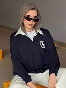 Livesso Women's Casual Loose Fit Drop Shoulder T-Shirt With Embroidered Deer,Graphic Tees,Back To School Clothes - Navy Blue - View 4