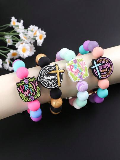 1pc Healing Faith Style Multi-Color Religious Silicone Bracelet Keychain With "Pray" Pendant, Unique Design