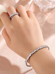 rakol Bộ 2 nhẫn và vòng tay trang trí bất đối xứng đính đá Cubic Zirconia thời trang, màu bạc. - Bạc - Xem 3