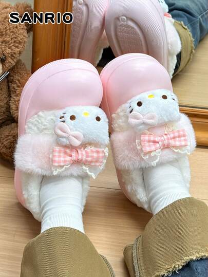 Sanrio 三丽鸥 KT 猫咪与布丁狗女士冬季毛绒拖鞋，舒适柔软的 EVA 鞋底，舒适蓬松的软底室内鞋