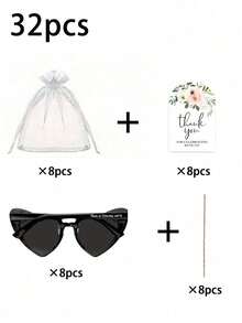 4副/套、6副/套、8副/套黑色心形太阳镜套装，婚礼派对回礼，花卉感谢卡，眼镜配欧根纱袋，16件套=4副眼镜+4个袋子+4个标签+4根绳子，新娘送礼会套装，时尚太阳镜，适合新娘送礼会、派对礼物、宾客礼物 - 黑色 - 查看 10