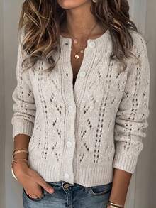 Women's Casual Hollow Out Sheer Knit Cardigan - Light Grey - View 3