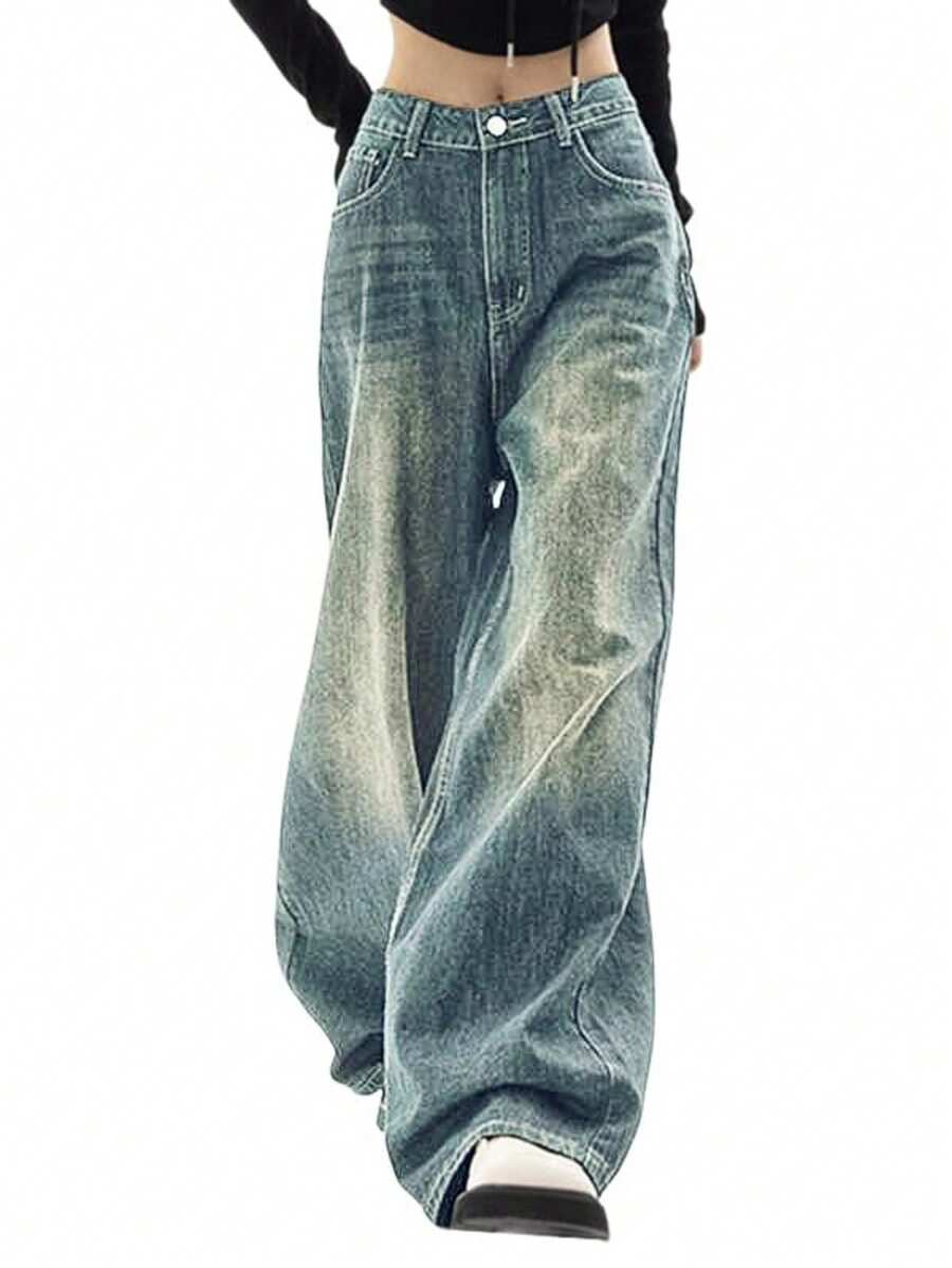 Jeans For Women Wide Leg Baggy Jeans High Waist Y2K Cargo Pants Casual Loose Boyfriends Trousers Vintage Streetwear - 水洗藍 - 查看 1
