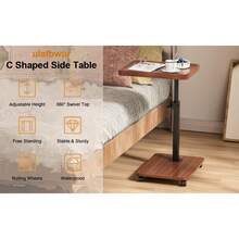 C-Shaped Sliding Side Table – Height Adjustable (18"-32"), 360° Swivel Top & Wheels, Multi-Use - Brown - View 3
