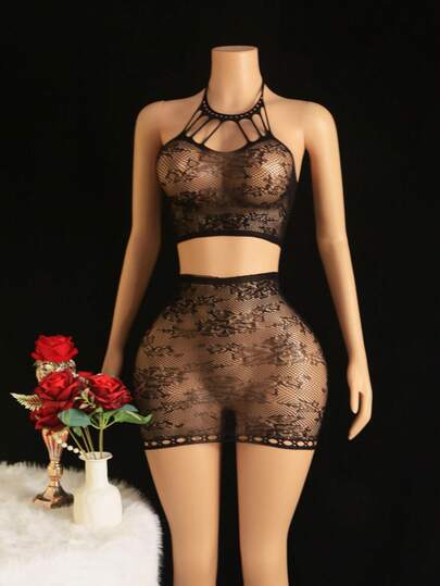 2pcs Black Hollow Camisole Lingerie Set, Spaghetti Strap Bra, Sheer Top, Seamless Mini Skirt, Sexy Bodycon Underwear, Wireless Bra, Soft Jacquard Mesh Outfit, Romantic Nightwear For Women