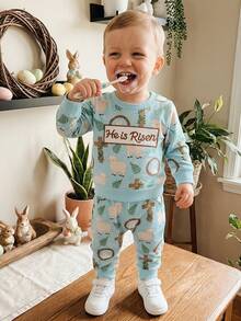 Kids Toddler Baby Boy Girl Easter Girls Outfits He Is Risen Baby Christening Spring Fall Winter Clothes Letter Sheep Cross Rabbit Embroidery Long Sleeve Sweatshirt Tops Long Pants Set - 藍色 - 查看 2