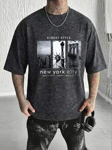 男士时尚休闲街头摇滚说唱风宽松水洗棉短袖T恤 | 帝国大厦、自由女神像和布鲁克林大桥印花 | 精致设计 | 春夏必备 | 百搭易穿，展现您的个人风格 - 黑色 - 查看 2