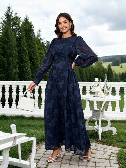 Elegant Jacquard Lantern Sleeve Waist Cinched Dress