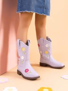 Girls Cowgirl Boots Kids Mid Calf Western Boots Riding Shoes For Toddler/Little Kid/Big Kid - Màu tím hoa cà - Xem 3