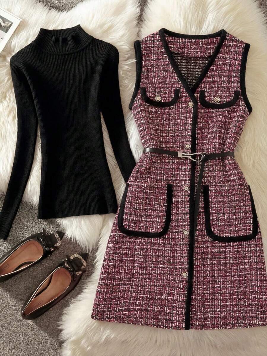 女士时尚无袖格子外套，采用春季格子设计，配有腰带和前襟纽扣，适合派对、节日、休闲外出和度假穿着。