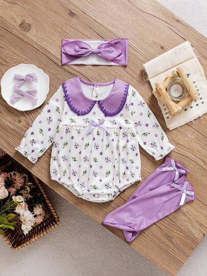 春日甜心娃娃连体衣，长袖碎花蝴蝶结装饰+发带，温柔女婴装扮