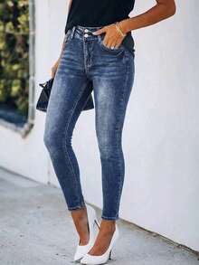 Women's Casual Cropped Denim Skinny Jeans With Pocket And Zipper Details High Stretch Fabric - Blue - View 4