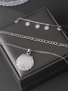 1pc Minimalist Beach Vacation Style Silver Metal Shell Pendant Multi-Layer Chain Necklace, Suitable For Men's Beach, Summer Party, Casual, Travel Outfits (No Gift Box) - Silver - View 3