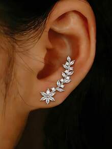 1 Pair Elegant Rhinestone Flower, Leaf, Wheat Ear Stud Earrings, Suitable For Women's Daily, Party, Wedding, Vacation Wear, Great Gift For Women On Birthday, Valentine's Day - Silver - View 6