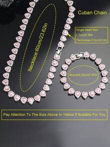 2pcs Set Attractive Light Pink Heart Shaped Cuban Link Necklace & Bracelet Set, Unisex, Hip Hop Style, Luxury Jewelry Set, Great Gift For Valentine's Day, Birthday, Christmas - Heart Shape - View 8