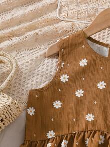 Tween Girls White Daisy Sleeveless Ruffle Top + Bow Back Wide Leg Pants 2 Pieces Set, Spring/Summer - Brown - View 4