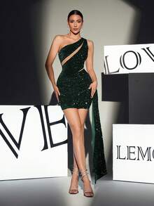 Women's Sexy Olive Green One-Shoulder Sequin Tassel Cocktail Party Dress Wedding Spring - Dark Green - View 5
