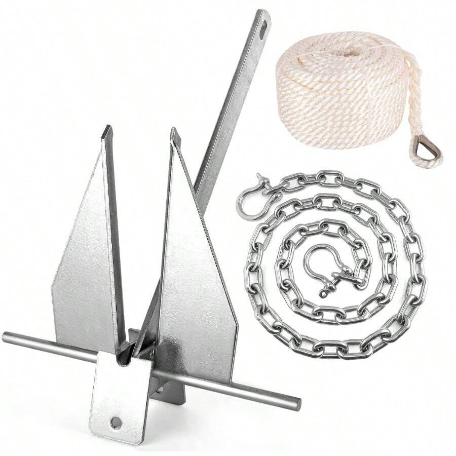 13Lbs Heavy Duty Boat Anchor Kit, Fluke Style Anchor Kit With Anchor Chain And Boat Anchor Rope Set Boats Pontoon, Deck, Sail, Fishing, Portable Hot Dipped Galvanized Fluke Style Anchor - Silver 13lbs Boat Anchor Kit - View 1