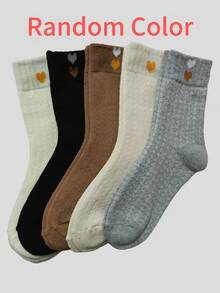 4 Pairs Women's Autumn/Winter Thickened Mid-Calf Socks, Warm, Korean Style Heart Pattern, Solid Color, Non-Slip, Wool Blend, Random Assortment - Multicolor - View 5