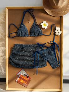 2026年情人节女士夏季沙滩比基尼套装，钩针编织露背比基尼，波西米亚风钩针编织度假裙，女士沙滩比基尼三件套，适合沙滩、休闲、度假和泳池派对 - 寶藍色 - 查看 3