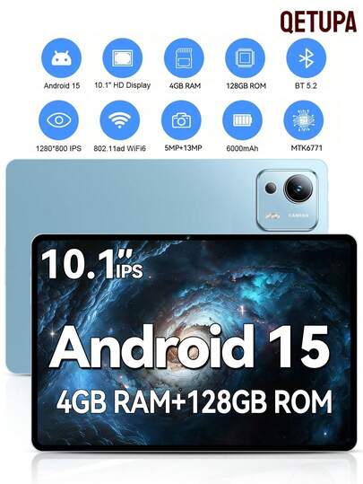 Qetupa Android 15 Pad5 Tablet, 4GB RAM+128GB ROM, 25,65 cm (10,1 Zoll) Octa-Core 2,0GHz Prozessor, FHD (1200x800) IPS Touchscreen, 5MP Frontkamera und 13MP Rückkamera, 6000mAh Akku, 802.11ac WLAN5, Bluetooth 5.2, GPS, geeignet für Lesen und Spielen