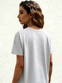 Women's Cotton Short Sleeve T-Shirt, Round Neck Basic Top With Heart Pattern Print, Casual Loose Fit Tee, S-5XL Sizes Available, Soft Comfortable Daily Wear, Black Basic T-Shirt For Summer Spring,  Simple Design Blouse - 淺灰色 - 查看 2