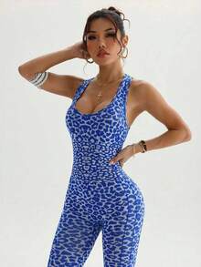 一件式无缝女士豹纹瑜伽连体裤，带可拆卸衬垫胸罩，高弹提臀收腹设计 - 藍色 - 查看 4