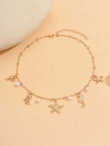 1件夏季海洋风多吊坠项链，时尚金色海洋生物和仿珍珠项链，适合日常佩戴和海滩度假 - 彩色 - 查看 2