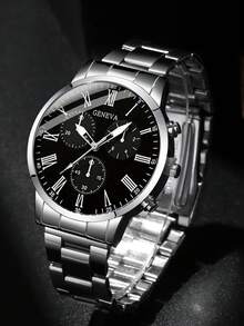 两件套时尚商务男士圆形黑色钢带石英表，搭配钻石手链组合套装，精致礼品套装，适合节日、派对、商务及日常佩戴。 - 銀色 - 查看 7