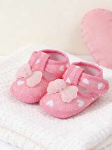 1 Pair Pink Heart Print Baby Walking Shoes Soft Sole First Walkers With Pompom Bow Decor Easy On/Off Hook & Loop Straps Breathable Cutout Design For Indoor Outdoor Use - Pink - View 5